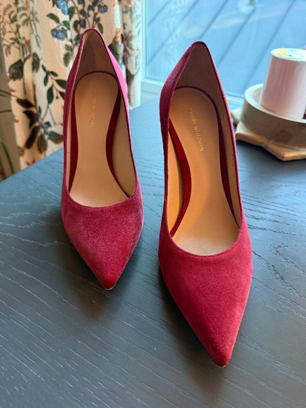 Stuart Weitzman Pointed Toe Cherry Suede Heels